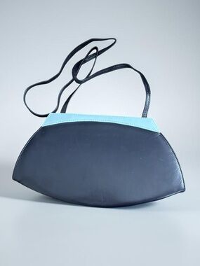Jacques Vert Vintage Navy Leather Crescent Purse with Powder Blue Trim NWT